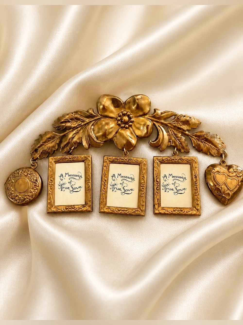 Vintage Top Shelf Jewelry True Love Gold Floral 3 Frames 2 Lockets Brooch Rare
